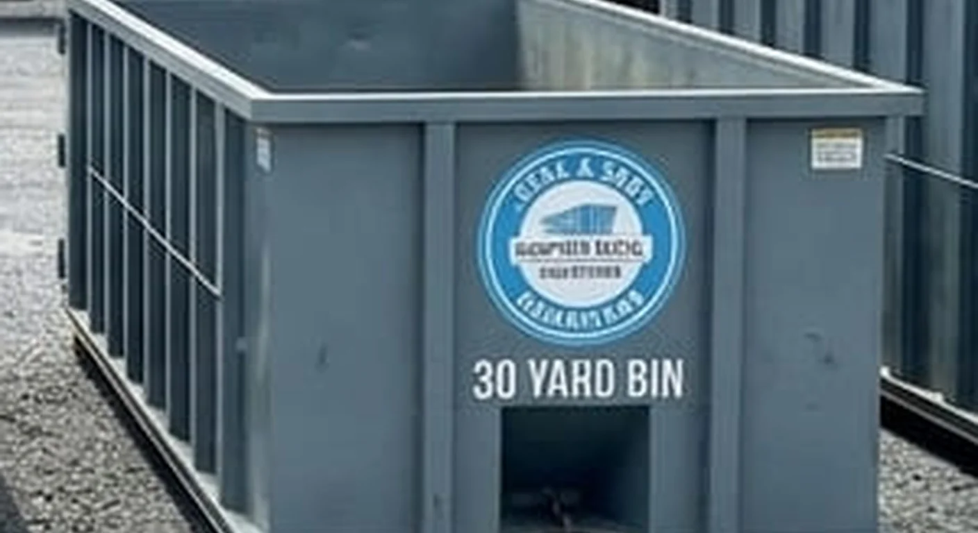30 Yard Dumpster Rental in Hagerstown, MD A clean, correctly-labeled 30 yard Issac & Sons Dumpster Rental roll-off container staged at the company yard on Burhans Blvd