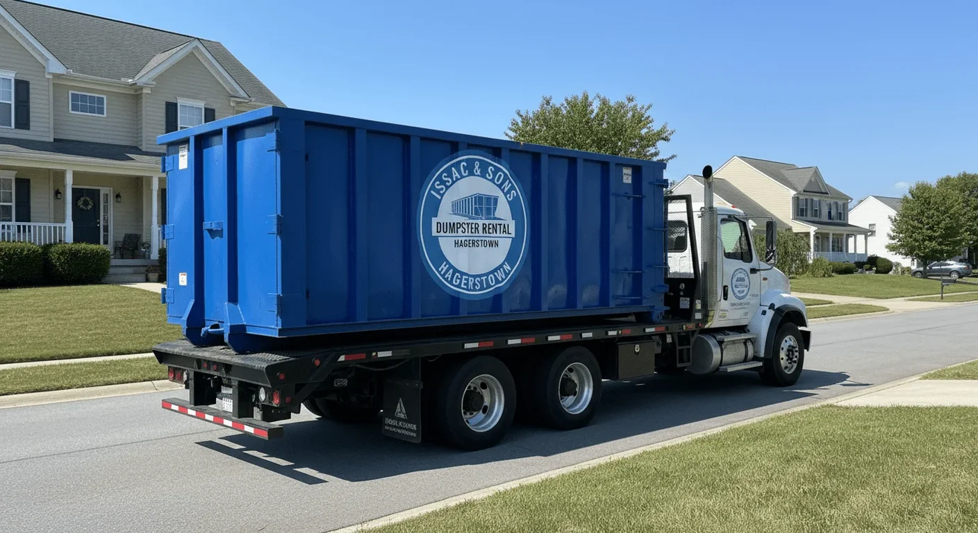 Construction dumpster rental in Sharpsburg, MD A Issac & Sons Dumpster Rental roll-off dumpster delivered to an active construction site in Sharpsburg, MD
