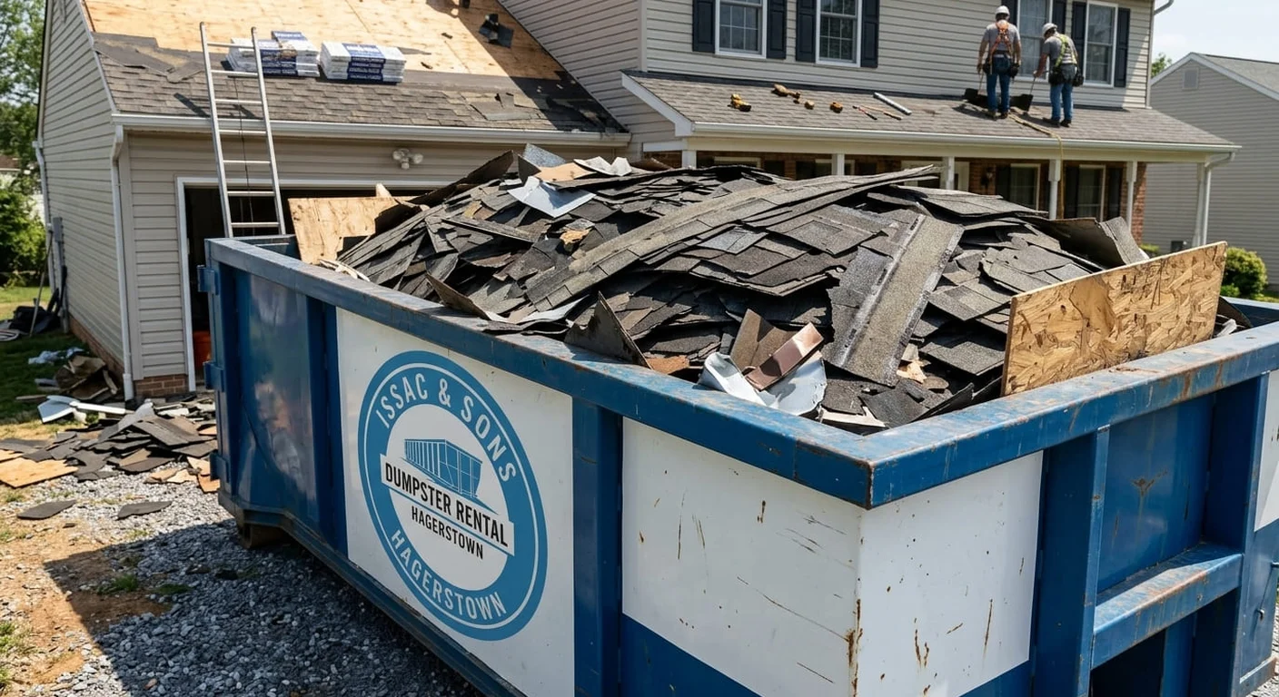 An Issac & Sons Dumpster Rental dumpster filled with real roofing tear-off debris in front of a Hagerstown-area home