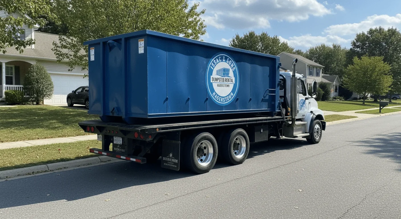 An Issac & Sons Dumpster Rental driver smiling from the cab of a blue dumpster truck in a Hagerstown neighborhood
