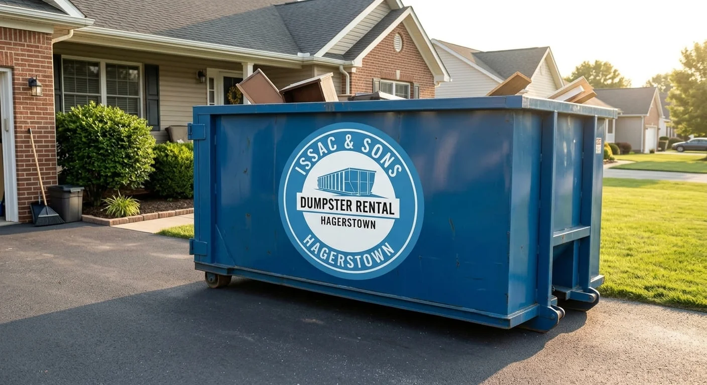 Issac & Sons Dumpster Rental blue roll-off dumpster staged on a residential driveway in Hagerstown, MD
