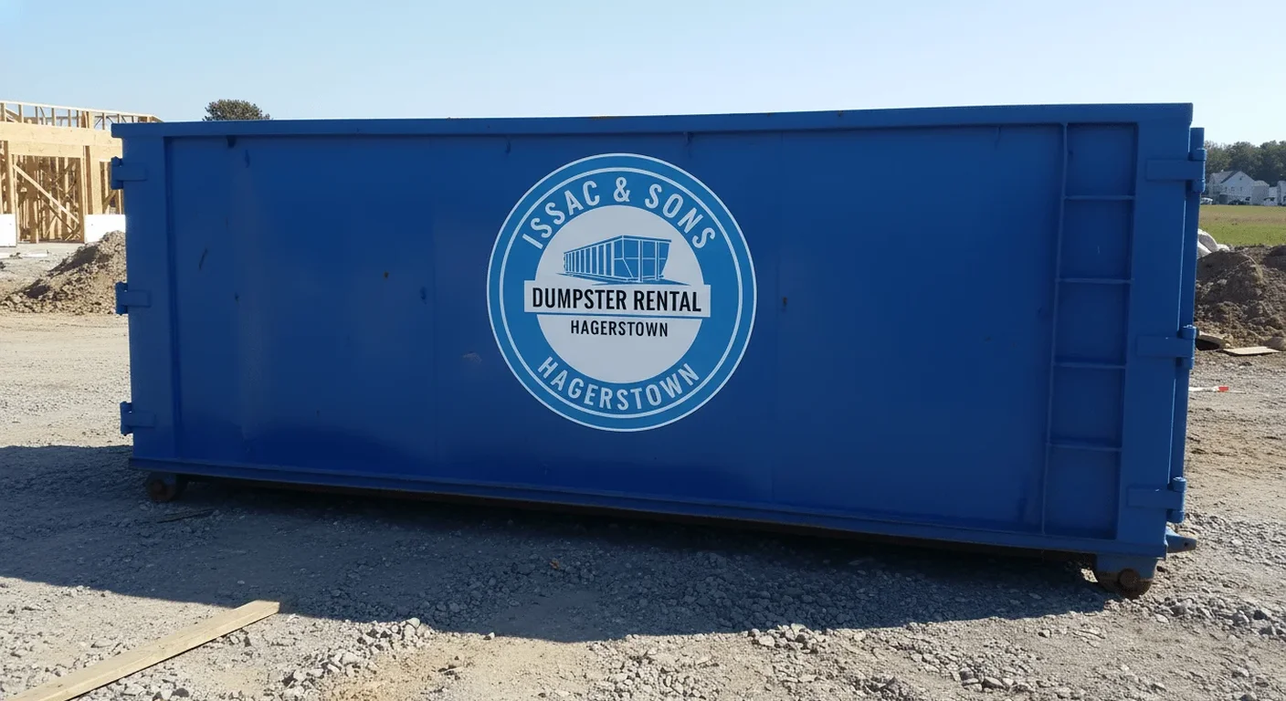 A loaded Issac & Sons Dumpster Rental dumpster delivered for an estate cleanout project on a Hagerstown residential driveway
