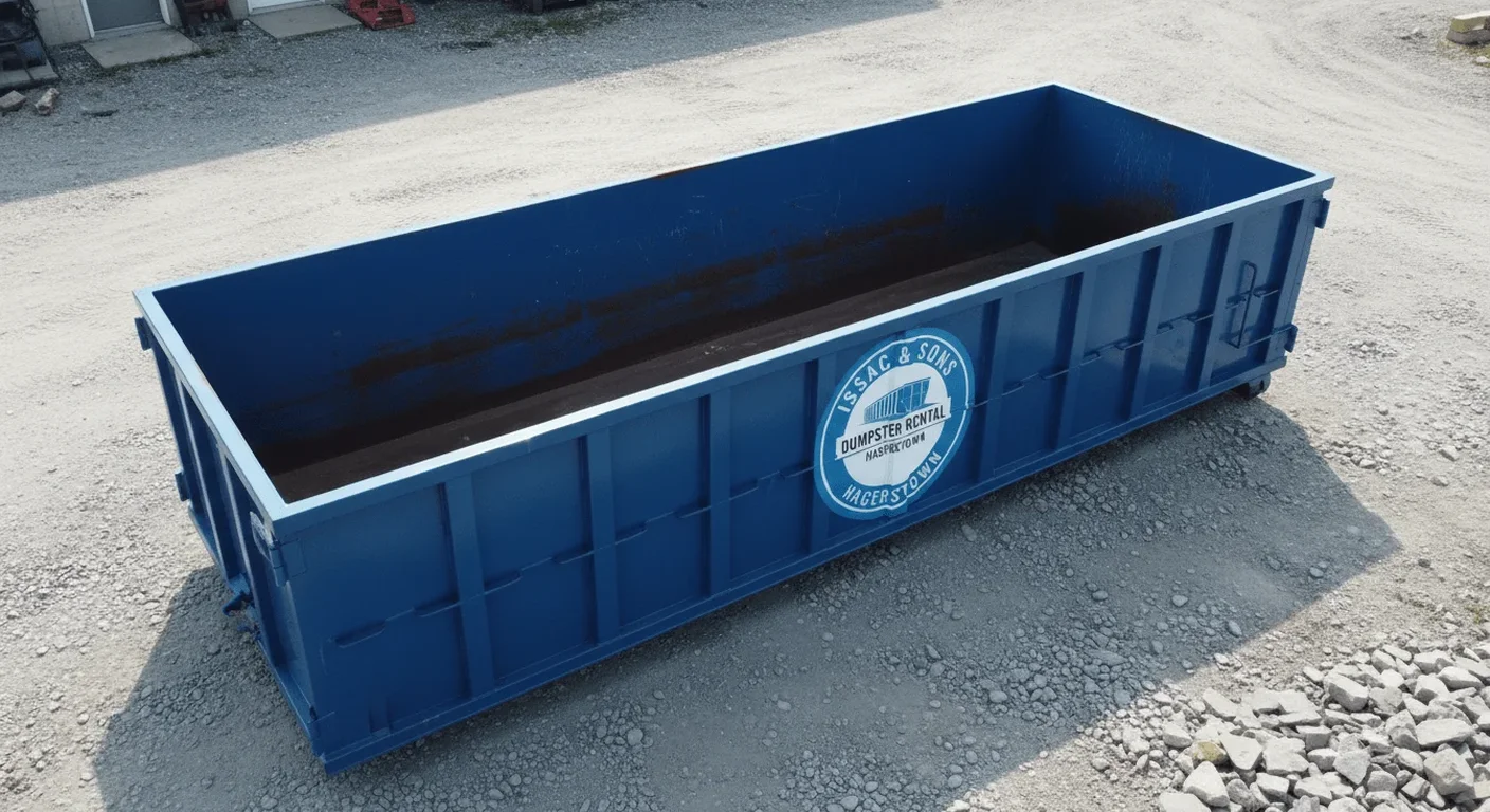 An empty Issac & Sons Dumpster Rental blue roll-off container staged and ready for a delivery in Hagerstown