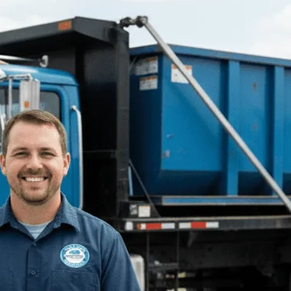 Cody Marsh - Lead Driver Cody Marsh, Lead Driver at Issac & Sons Dumpster Rental Hagerstown, standing in front of a company roll-off truck